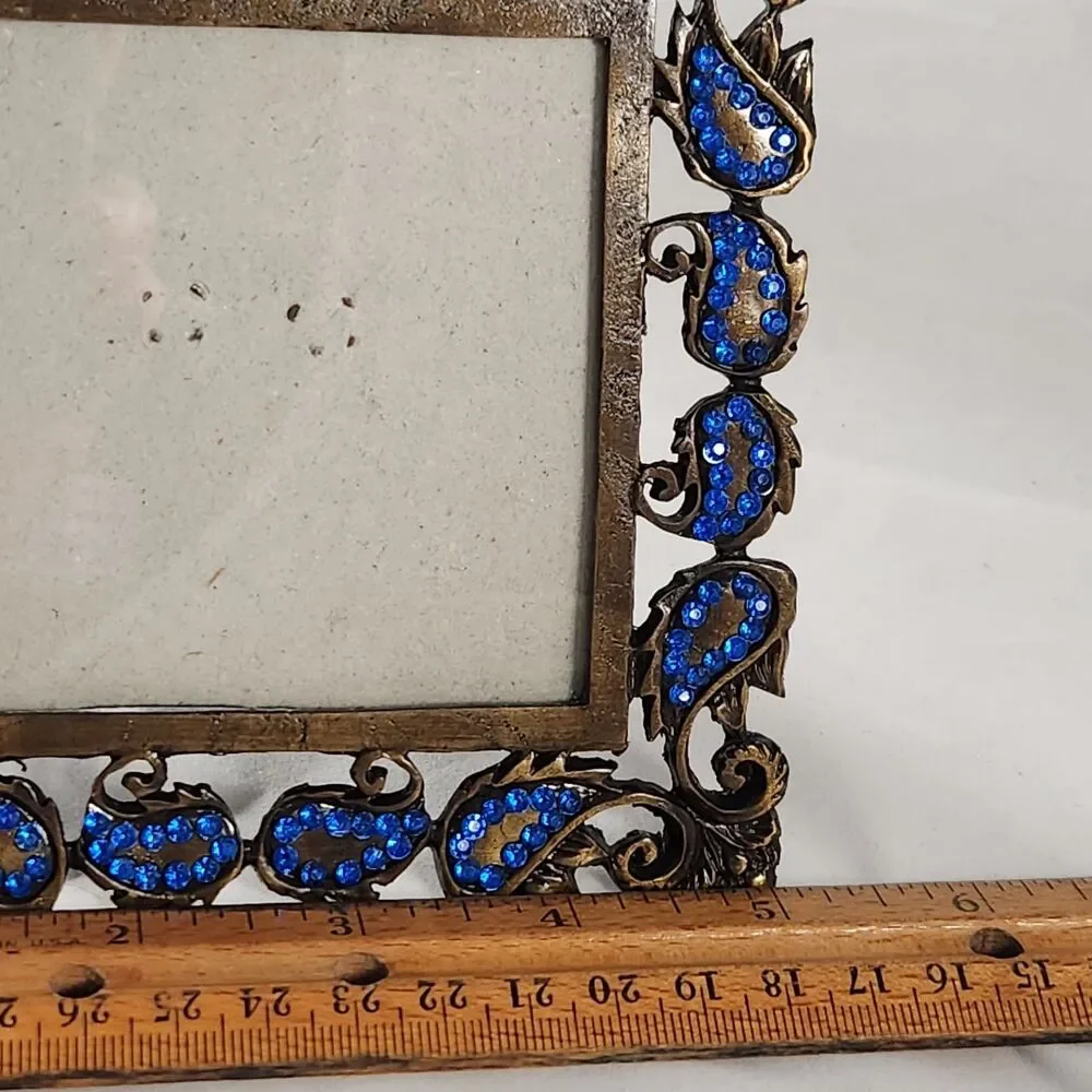3 x 3 in Square Ornate Antique Bronze Tone Photo Frame Blue Rhinestones Crystals